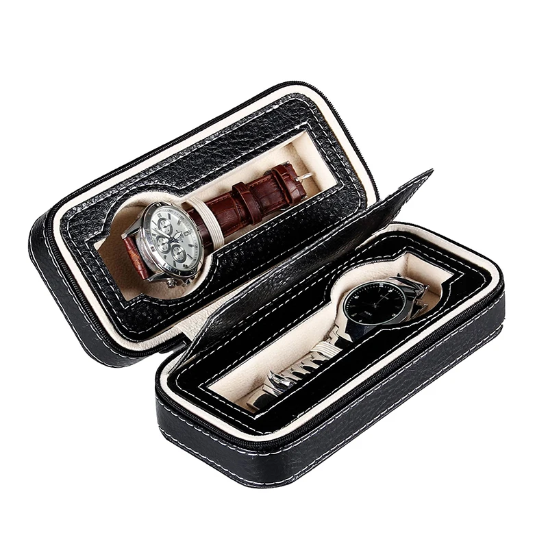 

2 slots luxury fashion men home black color pu leather watch box top quality watch storage box for men Watches 200802-24