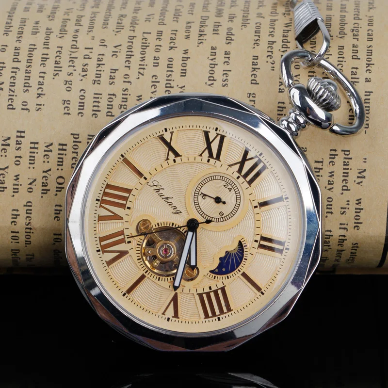 New Arrvial Open Face Hand-winding Tourbillon Mechanical Pocket Watch Roman Number Moon Phase Fob Watch Gift