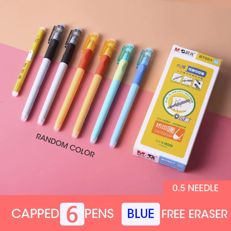 Capped 6pcs Blue Andstal эргономичная Антибактериальная стираемая ручка 0,5 мм M& G гелевая ручка стирающиеся ручки черные, голубые чернила с ластиком gelpen школьные принадлежности - Цвет: Capped 6pcs Blue