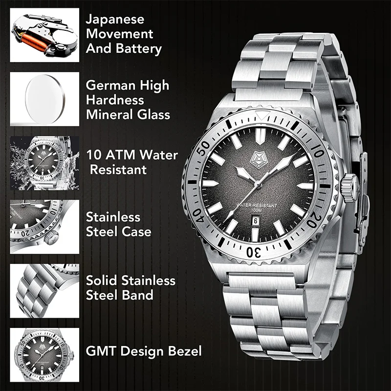 Мужские серебристые часы MEGALITH водонепроницаемые Стальные кварцевые наручные 100