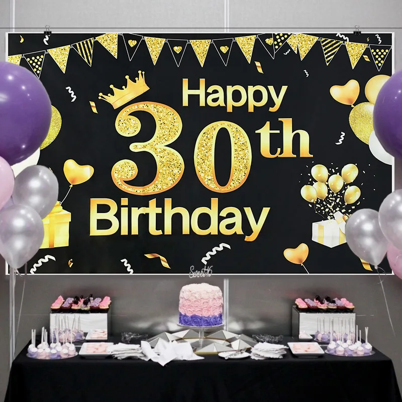 

Large Happy Birthday Black Gold Backdrop For Baby Shower Hanging Decor Adults 30th 40th 50th Birthday Party Supplies Photo Props