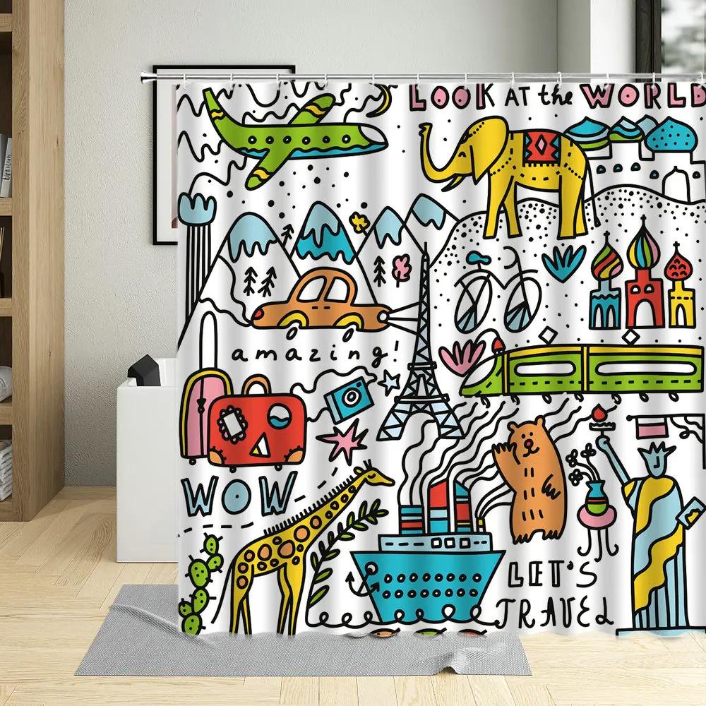 

Colorful Zoo Animal Cartoons Creative kids Child Shower Curtain Polyester Fabric Bathroom Screens Home Decor Bath Curtains Set