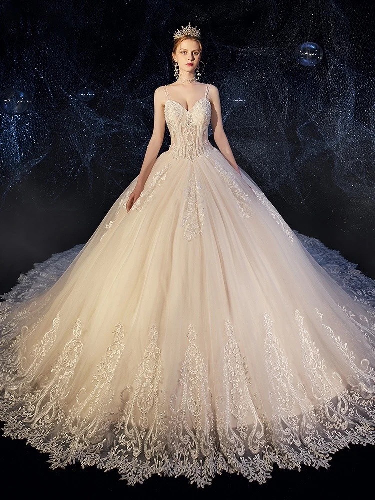 

New Champagne Wedding Dresses Sexy Spaghetti Straps V-Neck Princess Lace Applique Beads Formal Brida Gowns High-End Series 2022