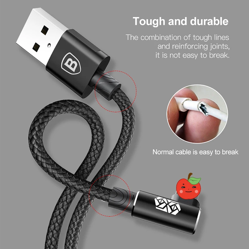 Baseus 90 Degree USB Cable For iPhone 11 Pro Max Fast Charging Data Cord Mobile Phone Cable For iPhone XS Max XR 8 7 6 6s 5 iPad