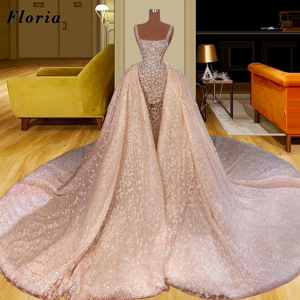 

Floria Luxury Beading Crystals Evening Dresses Saudi Arabic Long Train Women Prom Dress Dubai Couture Party Gowns 2022 Vestidos