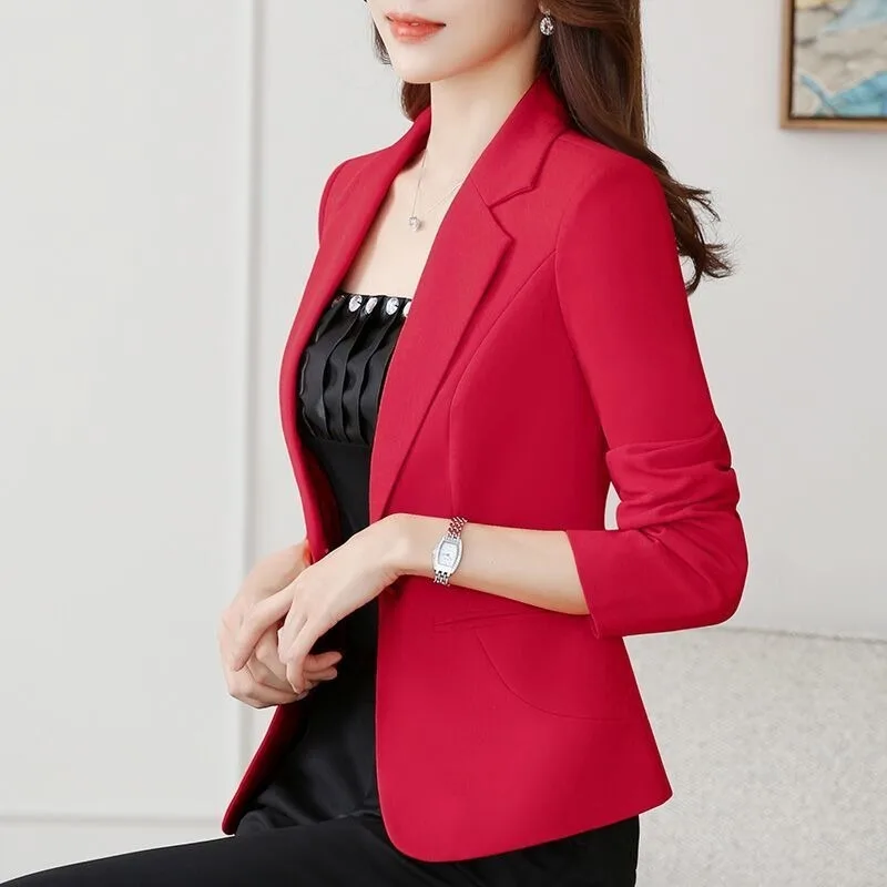 

Women Spring Autumn New Office Wear Solid Single Button Long Sleeves Outwears Female Notched Collar Pockets Casual Blazers S318