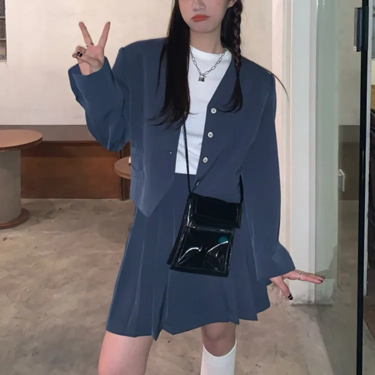 

New 2021 Spring Retro Two Piece Set Women Fashion Elegant V-Neck Long Sleeve Coat + High Waist Pleated Mini Skirt Outfits