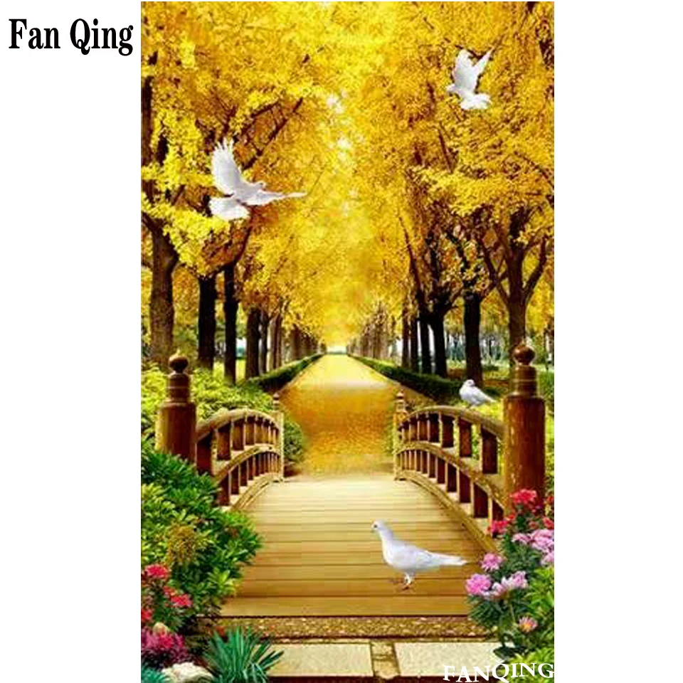 DIY 5D алмазная картина золотое дерево белый голубь мост коридор полный