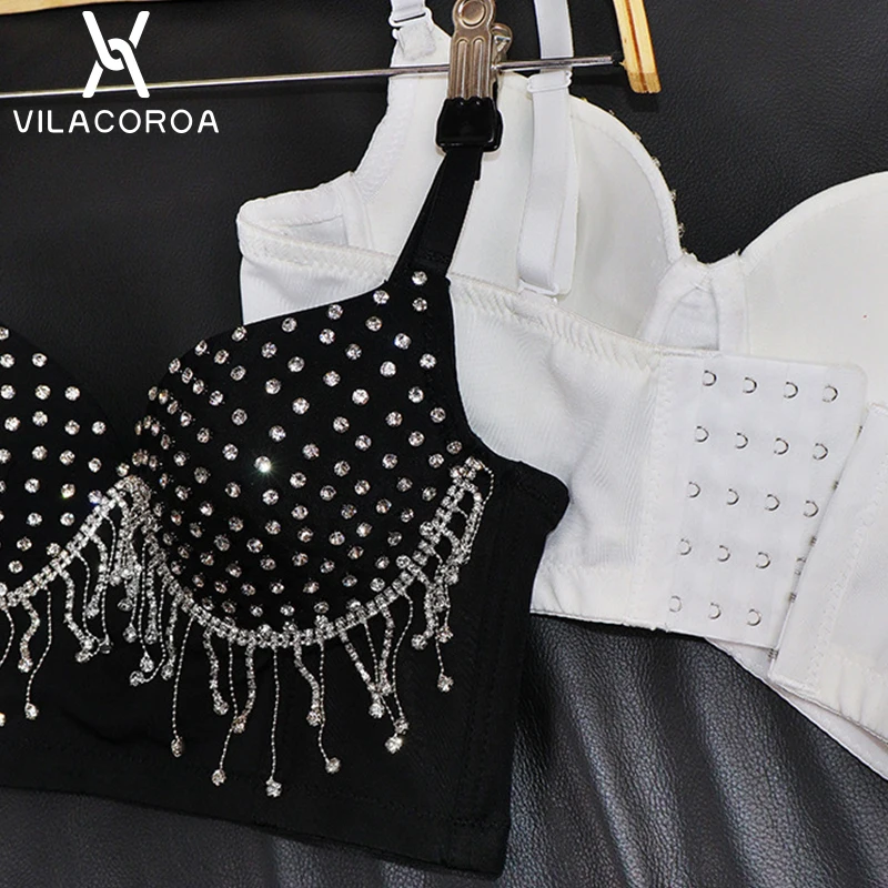 

Diamond Tassel Black Sling Female Crop Tops Tube Top Shiny Beaded Nightclub Sexy Camisoles High Street Corset Women Tank Top