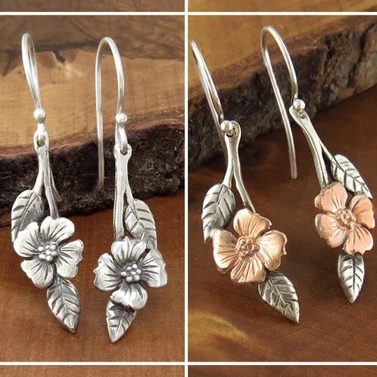 

Wing Yu bohemian two-color rose gold flower leaf ear ring wish popular style 925 thai silver color jewelry factory
