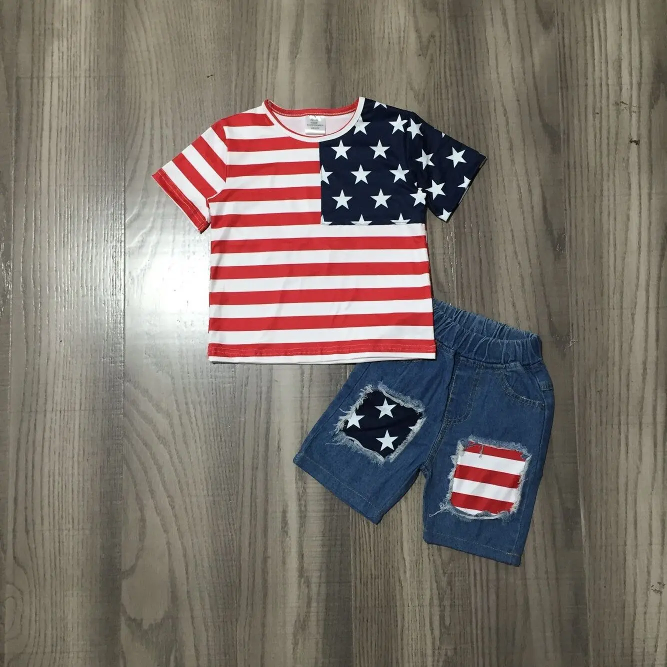 

Summer Boys US Flag Print Shirt with Denim Shorts Kids July 4th Outfit