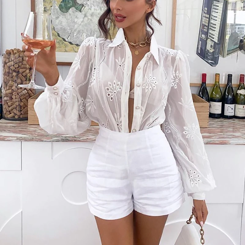 Женская прозрачная блузка с длинным рукавом Hallow Out Элегантная 2020 | одежда