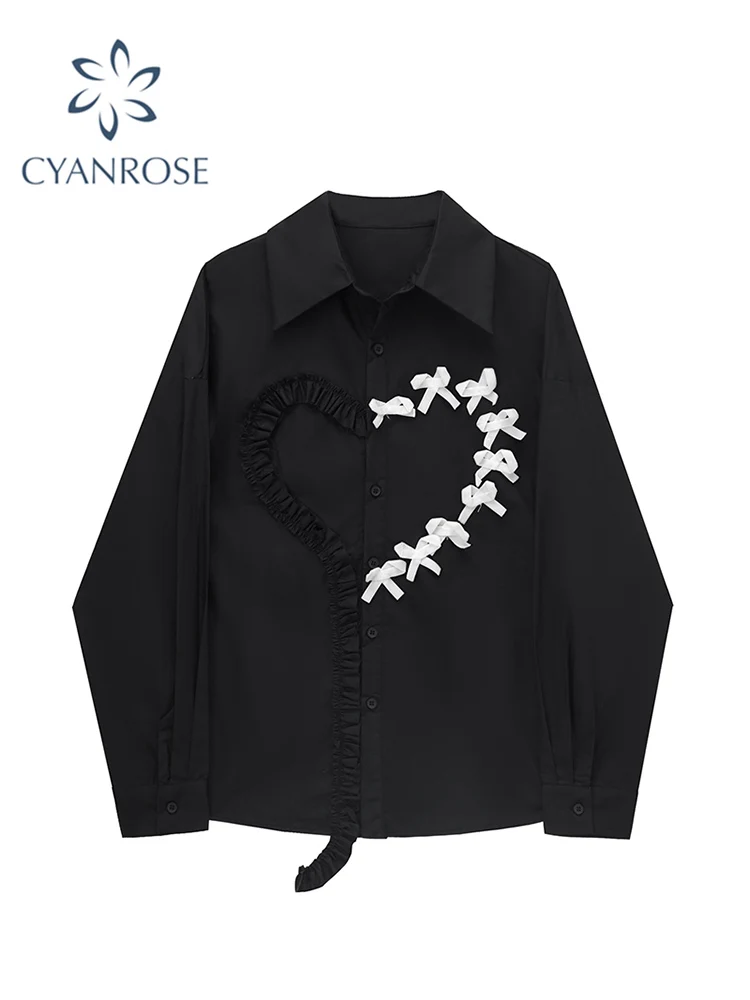 

2021 New Fashion Women Bow Blouses Long Sleeve Lapel Ruffle Edge Patchwork Blouse Casual Plus Size Elegant Heart Chic Shirt Top
