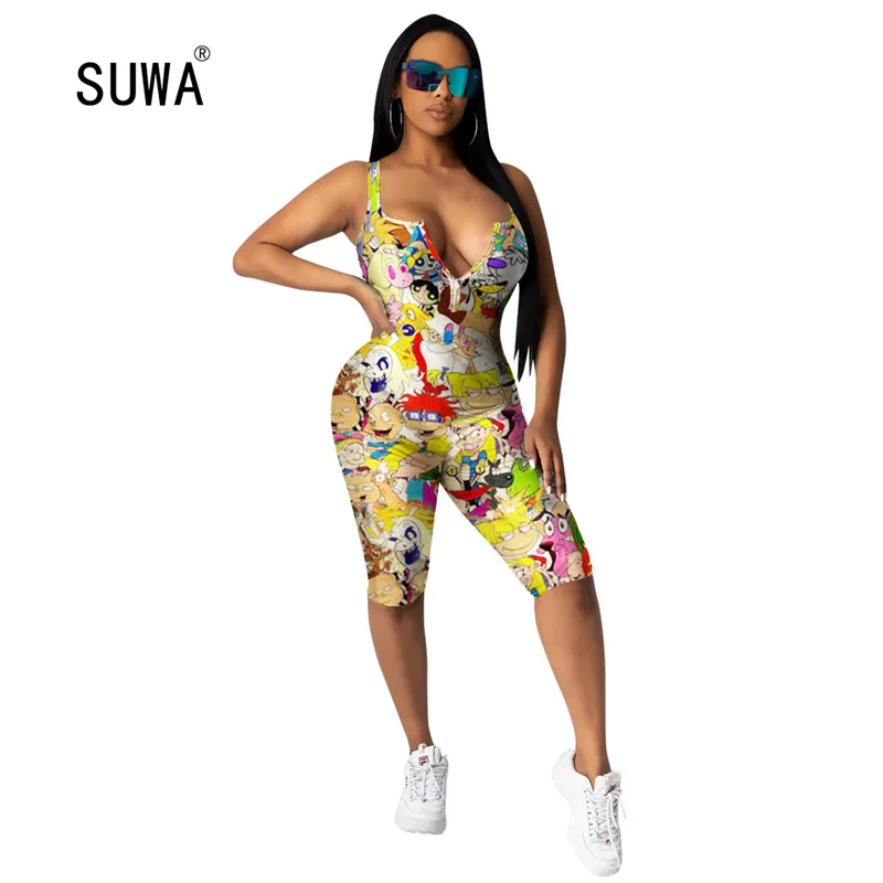 

Cartoon Print Skinng Knee-length Jumpsuit 2020 Hot Sale Casual Sexy Women Sleeveless Tight Playsuit Femme Catsuit 5 Color