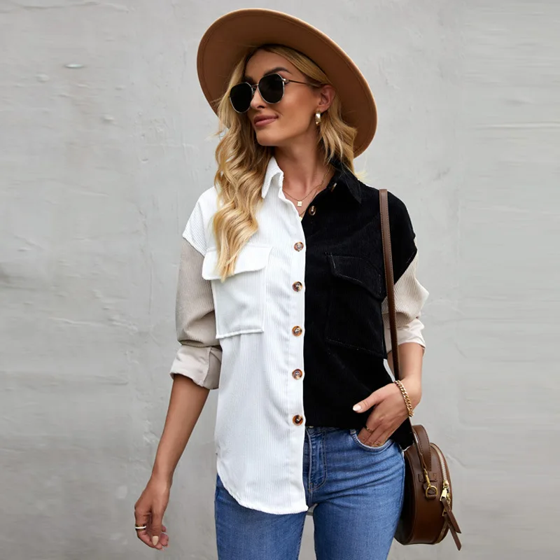 

Corduroy Shirt Women's Autumn and Winter European American New Solid Color Breasted Casual Cardigan Long Sleeve