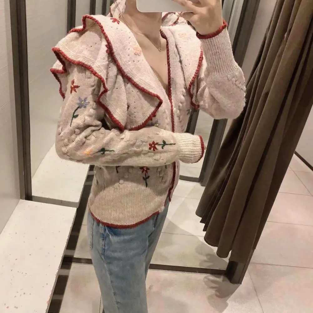 

Za 2020 Autumn Embroidered V-neck Knitted Sweater Ladies Retro Ruffled Long-Sleeved Cardigan Ladies Casual Loose Sweater