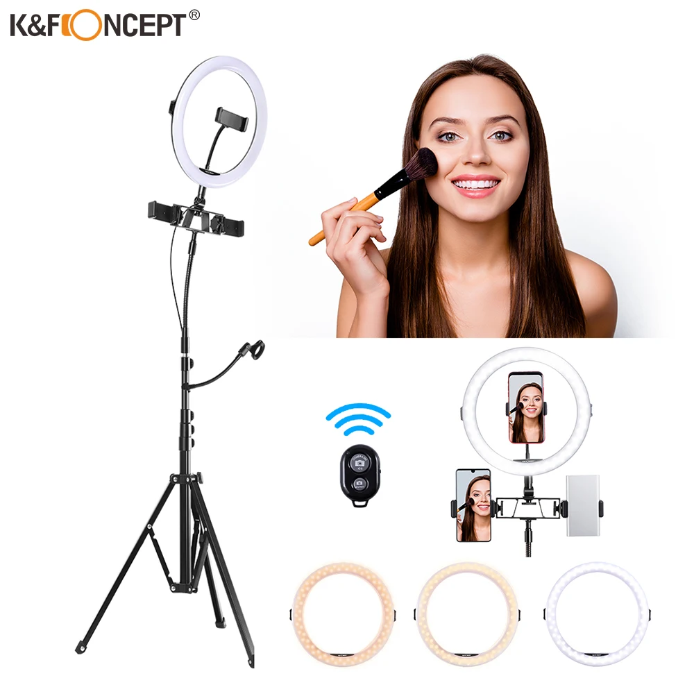 

K&F Concept 10” LED Ring Light with Maximum 95” Tripod Stand 3 Phone Holders and Clips Remote Control for Photography Makeup