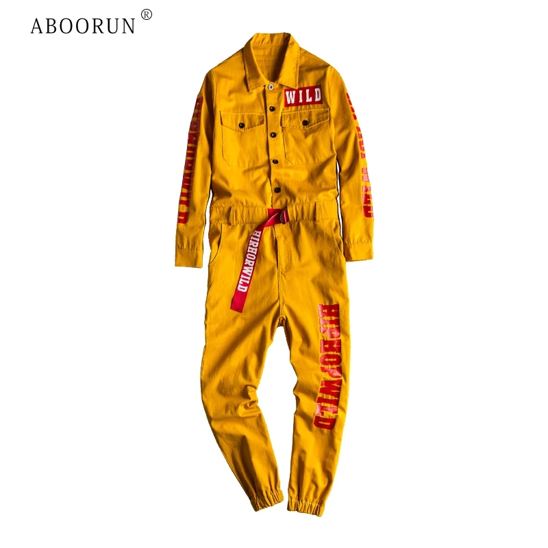 

ABOORUN Men's Letters Printed Long Sleeve Jumpsuits with Belts Ins Hip Hop Cargo Overalls Set