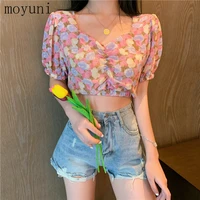 summer sexy socialite fashionable all match chest flattering retro v neck floral pleated puff sleeve short top for women kpop