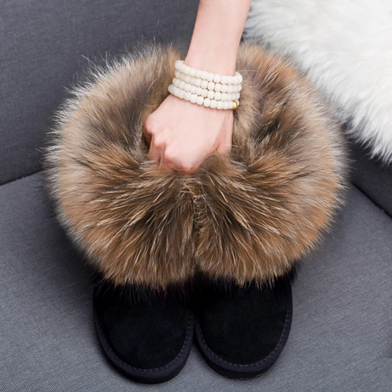

2022 Fashion Top Quality Raccoon Fur Snow Boots Women Fox Boots Genuine Cow Leather Winter Warm Snow Boots Ankle Boots Logo
