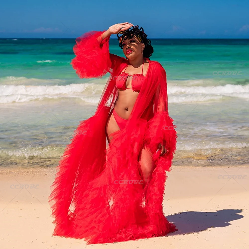 

Women Red Robes Perspective Sheer Dressing Gown Long Tulle Robe Puffy Wedding Bridal Maternity Pregnancy Photoshoot Dress