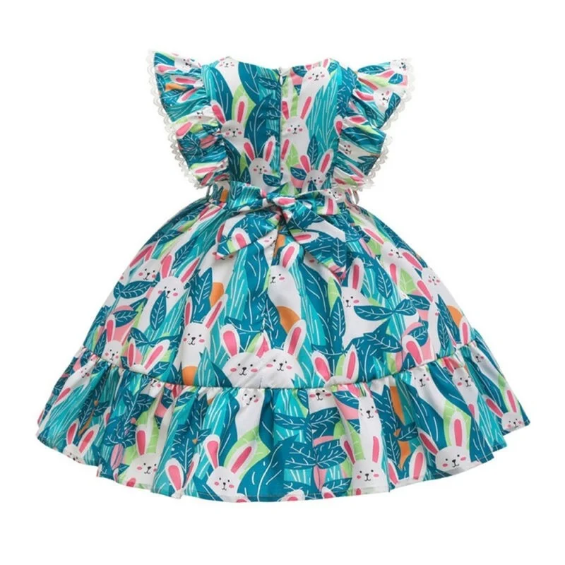 

Kids Girls Short Sleeve Casual Skirt Summer Lovely Lake Blue Rabbit Print Princess Dresses Lotus Waist Fashion Dress