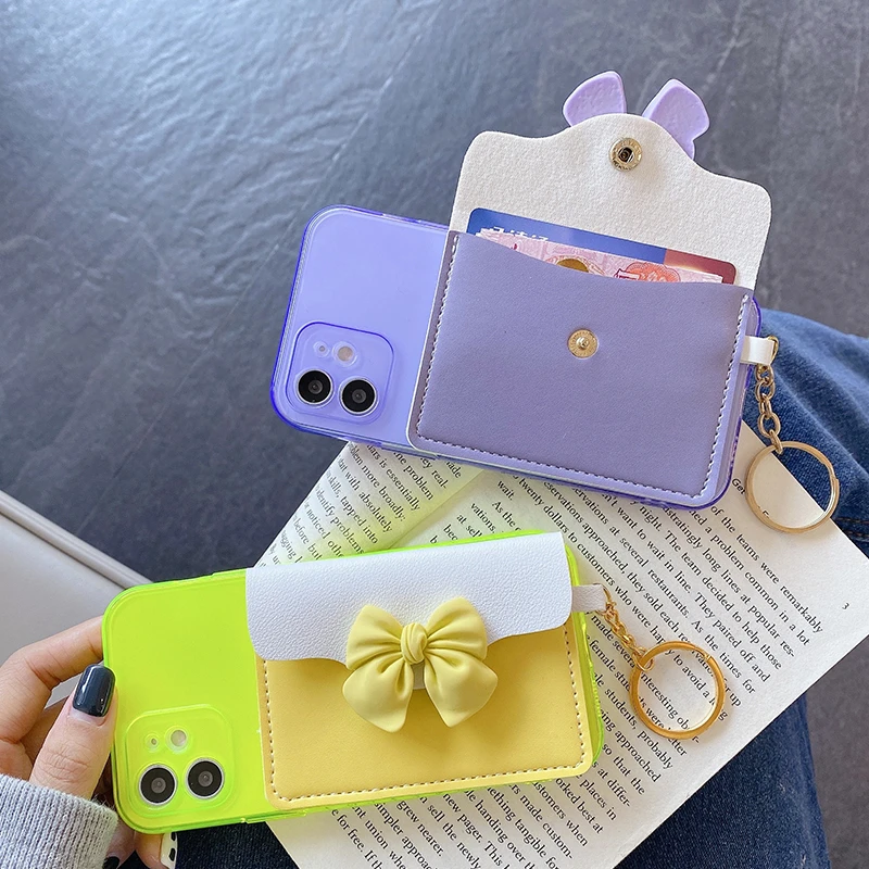 

Bowknot Fluorescent Phone Case for Iphone 12 Mini 11Pro Max SE 2020 X XR XS MAX 7 8 Plus Coin Purse Card Package Soft Back Cover
