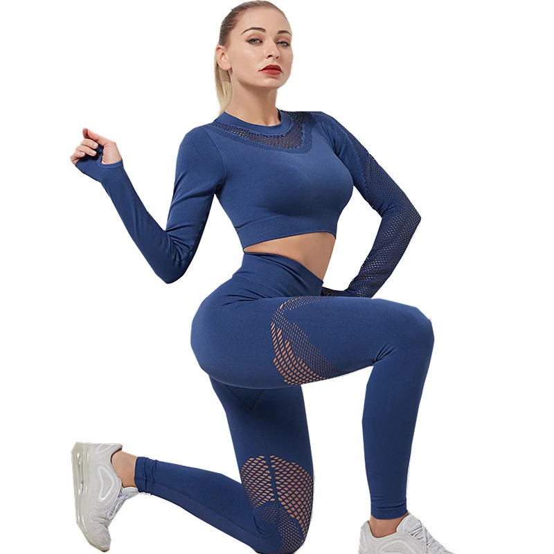 

Women 2pcs Seamless Yoga Set Sport Suit Gymwear Workout Clothes Long Sleeve Gym Crop Top High Waist Leggings Fitness Sports Wear