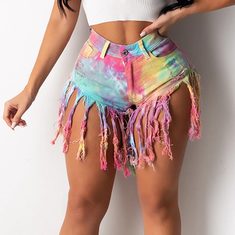 

Tie Dye Print Women Tassel Denim Shorts Jeans Hight Waist Femme Skinny Slim Plus size Shorts