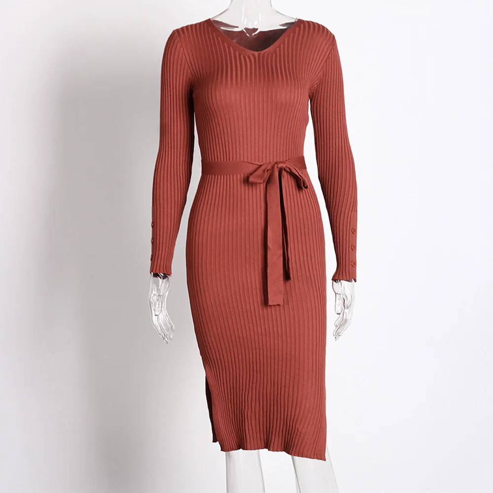 

New Spring Autumn V-Neck Long Sleeve Sweater Dress Sexy Bodycon Long Dress Slim Lace Up Solid Knitted Dress Women