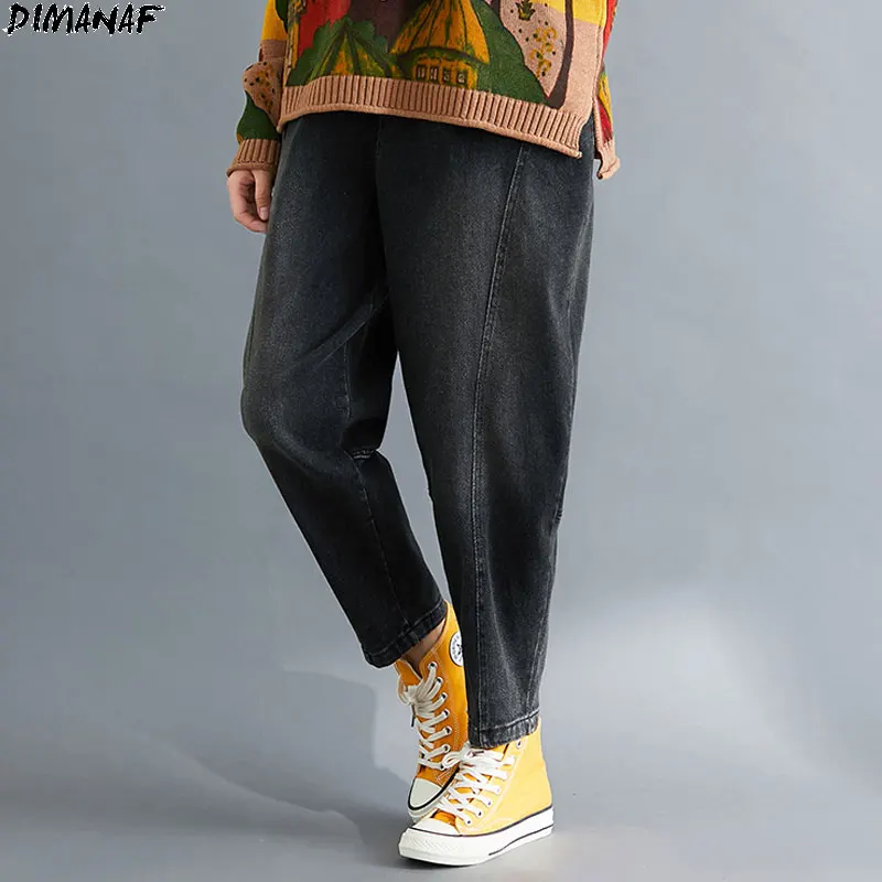 

Женские свободные джинсы DIMANAF, повседневные Черные шаровары с карманами, с эластичной талией