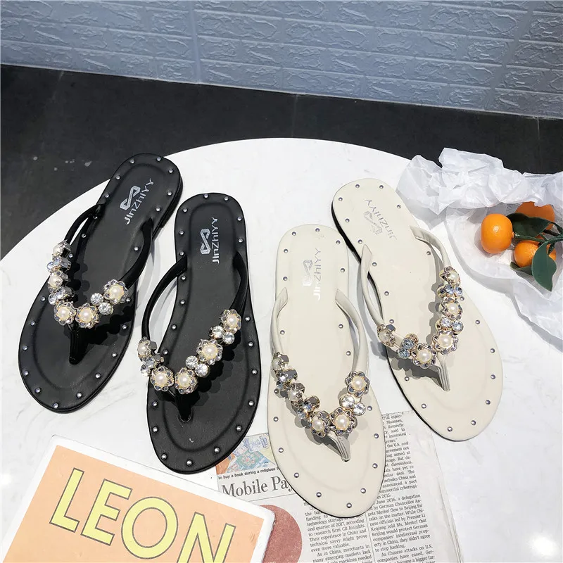 WEIBATE/Летняя женская обувь Модная пляжная Перламутровые стразы Обувь на плоской