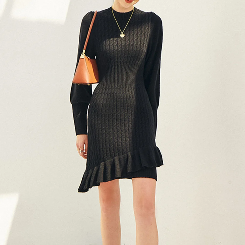 

Black Knitted Dresses Mermaid Women Fashion Falbala Ruffles Asymmetric Long Sleeves 2021 Autumn Female Party Club Mini Dress