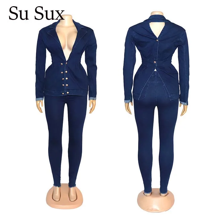 Женский джинсовый костюм из двух предметов повседневный облегающий топа с