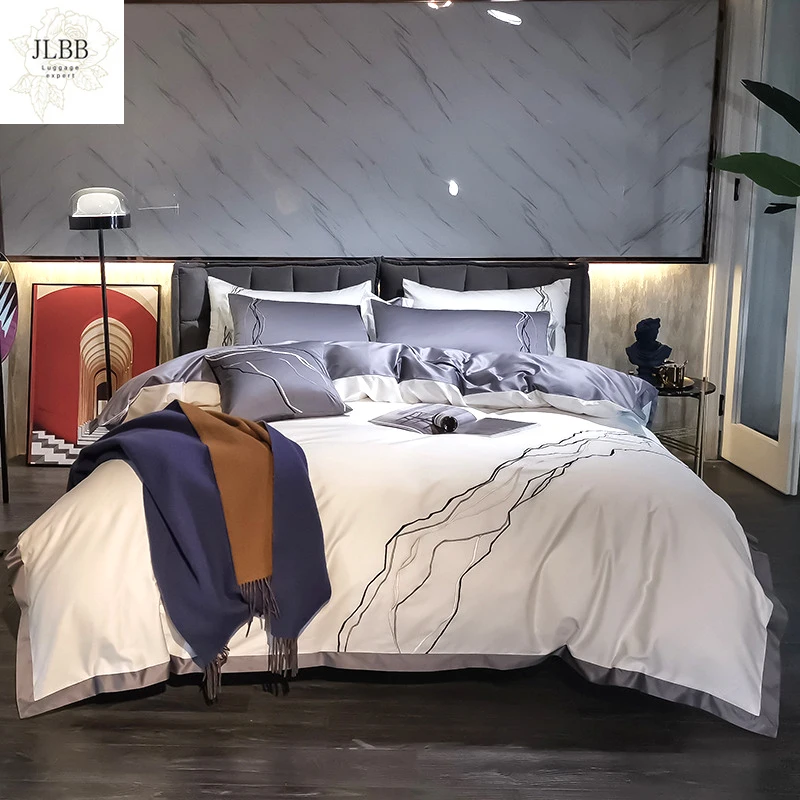 

100S Egyptian cotton Bedding Set Embroidered Vintage marbling duvet cover bed linen luxury hotel pillowcases fitted sheet flat
