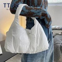 fashion women padded shoulder bag soft fluffy white shopper tote winter quilted female cotton duvet handbag lady nylon blown bag