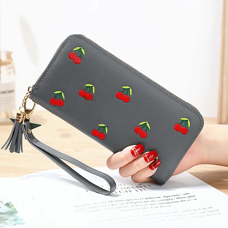 

Fashion Tassel Women Wallet Long Leather Cherry Ladies Wallets Embroidered Zipper Clutch Bag Card Purse Porte Feuille Femme 2020