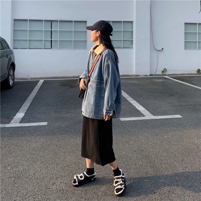 

Thickened Fleece Denim Coat for Women Autumn and Winter All-Matching New Loose Korean Style Long Sleeve Casual Fried Street Top