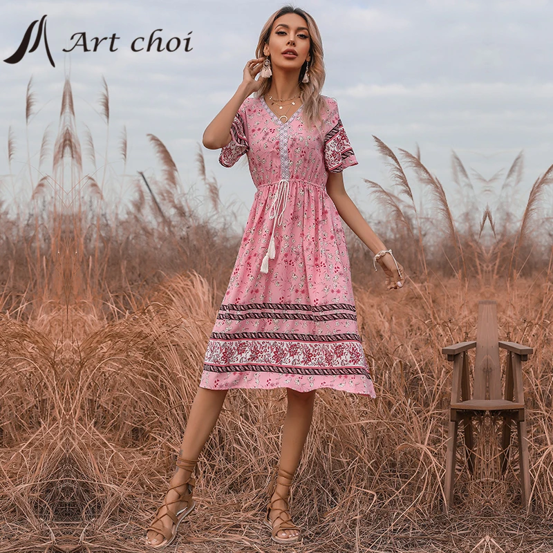 

Summer Floral Midi Dress Women Vintage V-Neck Puff Sleeve Tassels Vestido Bodycon Bandage Office Ladies Pink Boho Beach Dresses