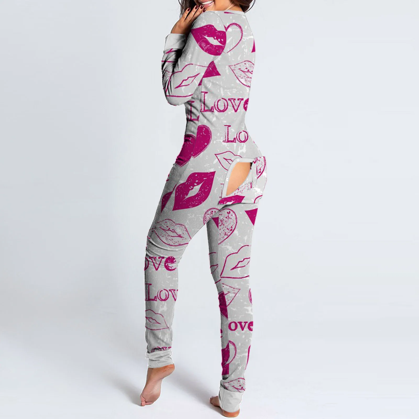

Sexy Pyjama Women's Lip Print V-Neck Jumpsuit Onesies Button-down Front Back Butt Bum Flap Jumpsuits Pajamas Homewear