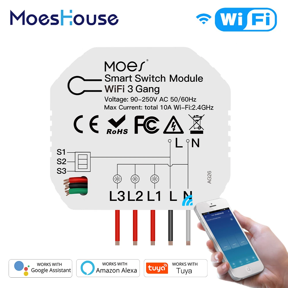 

Mini DIY WiFi Smart Light Switch 3 Gang 1/2 Way Module Smart Life/Tuya App Control Works with Amazon Alexa and Google Home