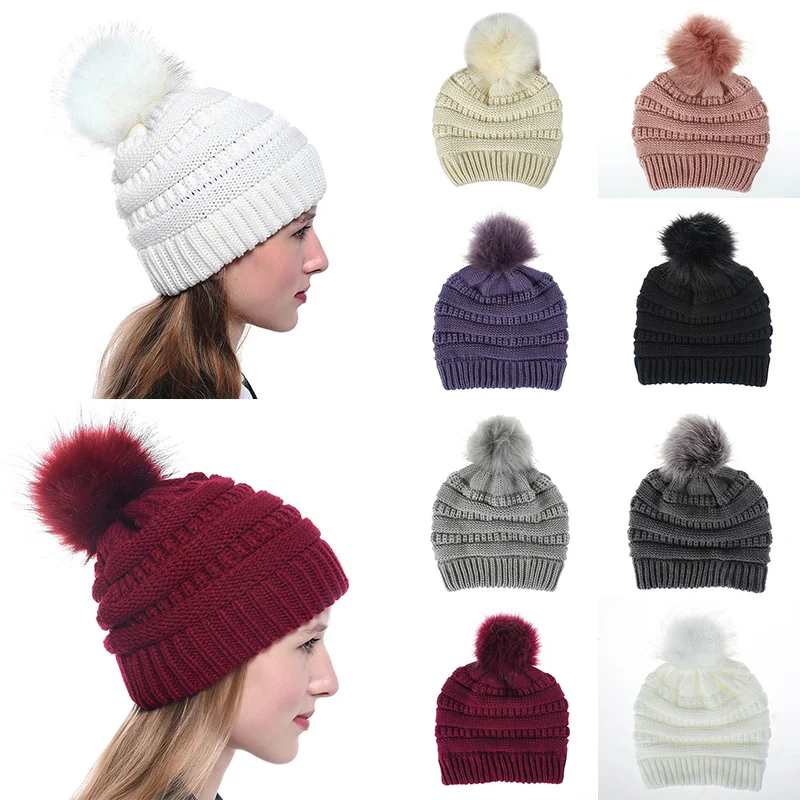 

Женская Зимняя Вязаная Шапка-бини с напуском, теплые шапочки с помпоном из искусственного меха, лыжная шапка для женщин, Зимняя Теплая Лыжна...