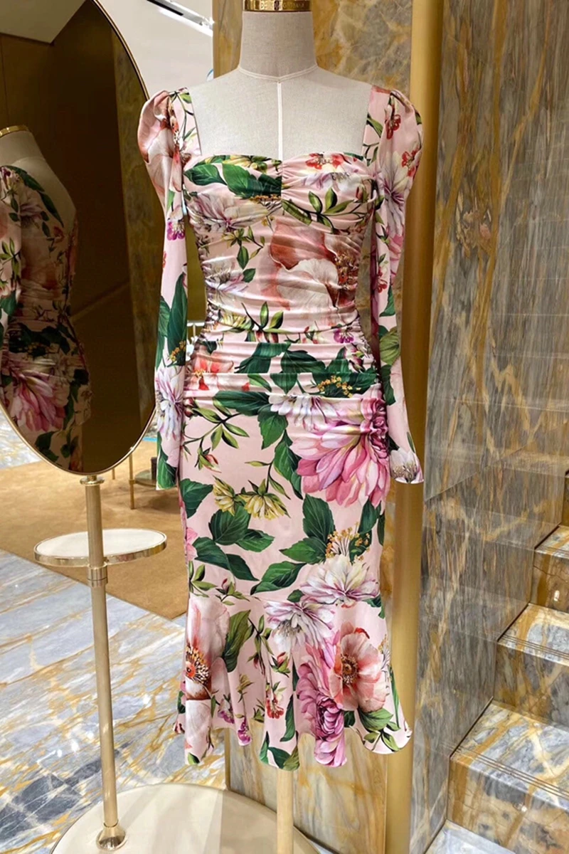 

Runway Summer Sexy V-neck Long Sleeve Midi Mermaid Dress Women's Ruffle Rose Flower Print Slim Dresses