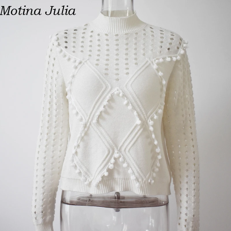 Motina Julia Sexy hollow out chunky knitted sweater women 2018 white autumn soft pom pullover female basic jumper | Женская одежда