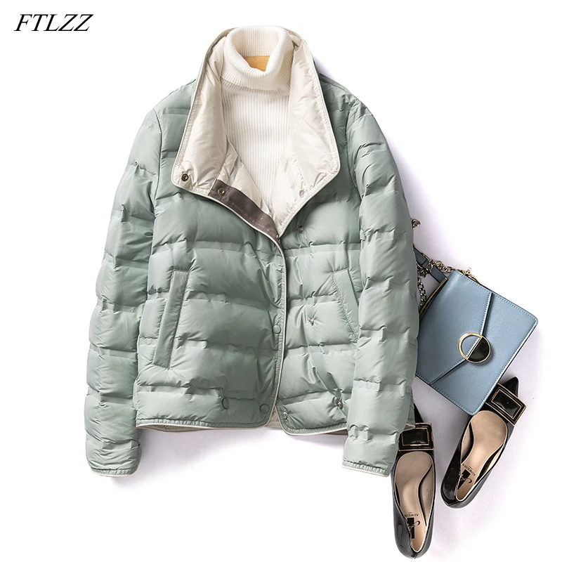 

FTLZZ Winter Frivolous Splicing Colour Feather Short Jacket Women 90% White Duck Down Coat Single Breasted Loose Warm Outwear