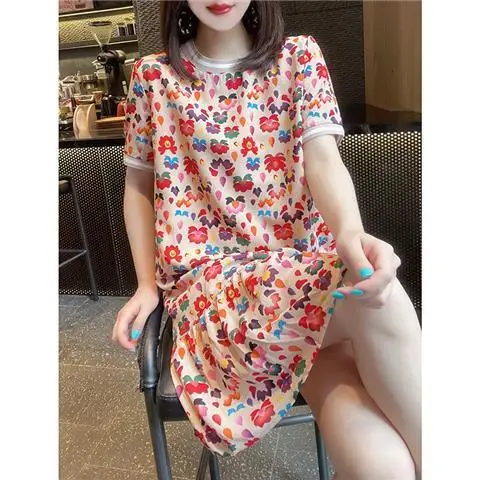 

women dress 2021 Summer New Fashion Korean Style Anti-Aging Floral Straight Loose Platycodon Grandiflorum plus Size round collar