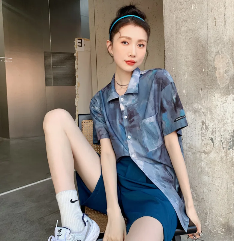 

Summer tide style European and American street loose casual shirt fashion printing short-sleeved shirt women