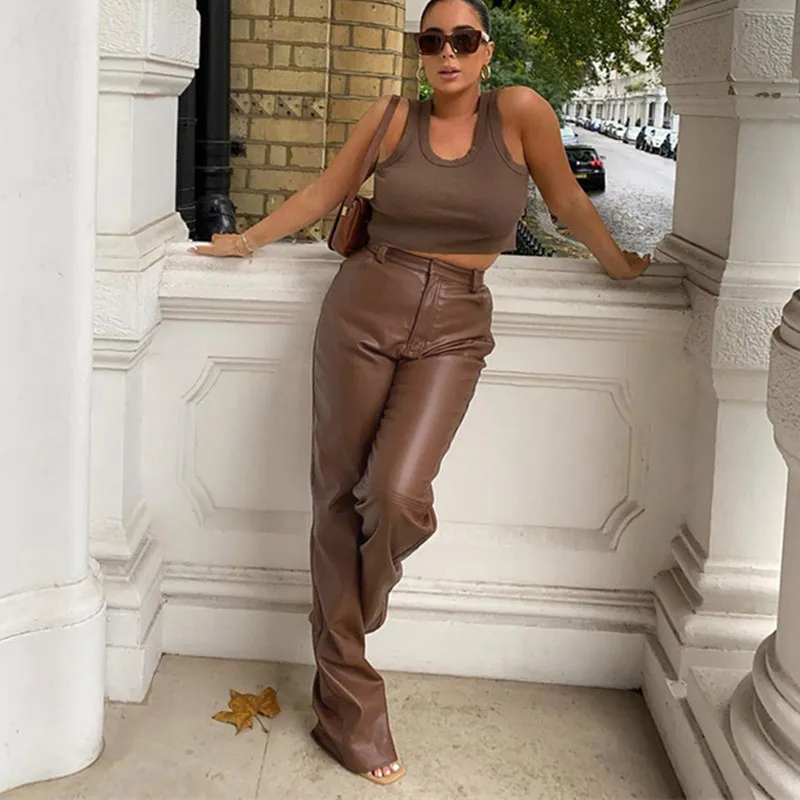 

Faux PU Leather Pants Women Y2k Straight Pants Fashion Elegant Baggy Loose Pants Vintage Casual High Waist Trousers Harajuku