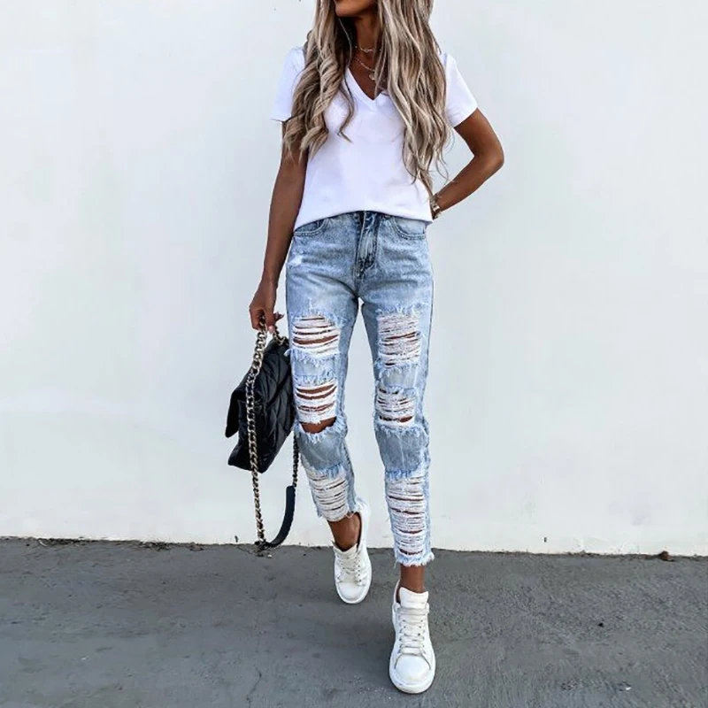 

Women Sexy Broken Hole Raw Edges Straight Jeans Hollow Out Office Lady Denim Cropped Pant Fashion Zipper Streetwear Dropshipping
