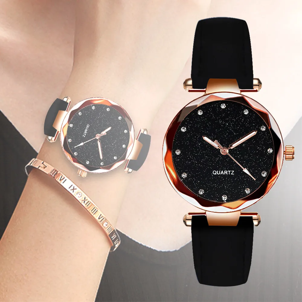 Женские часы-браслет модные кожаные Стразы кварцевые часы Montre Femme звездное небо